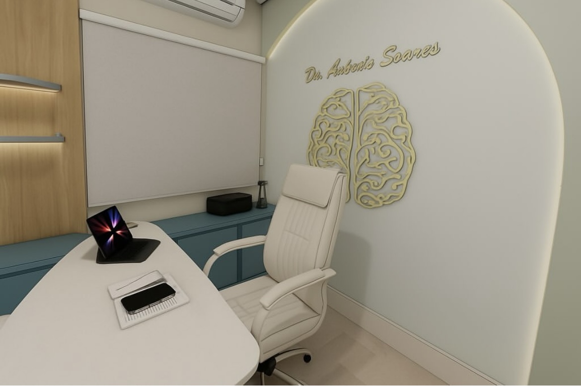 Consultório com logo do cérebro na parede